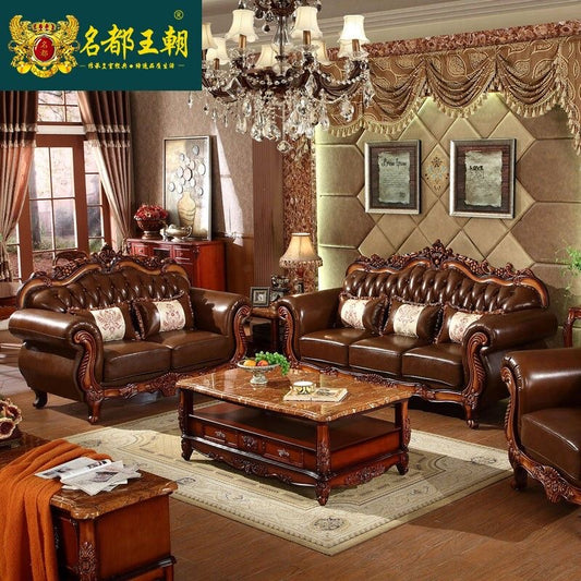 欧式真皮沙发头层牛皮整装组合奢华别墅仿古美式实木家具