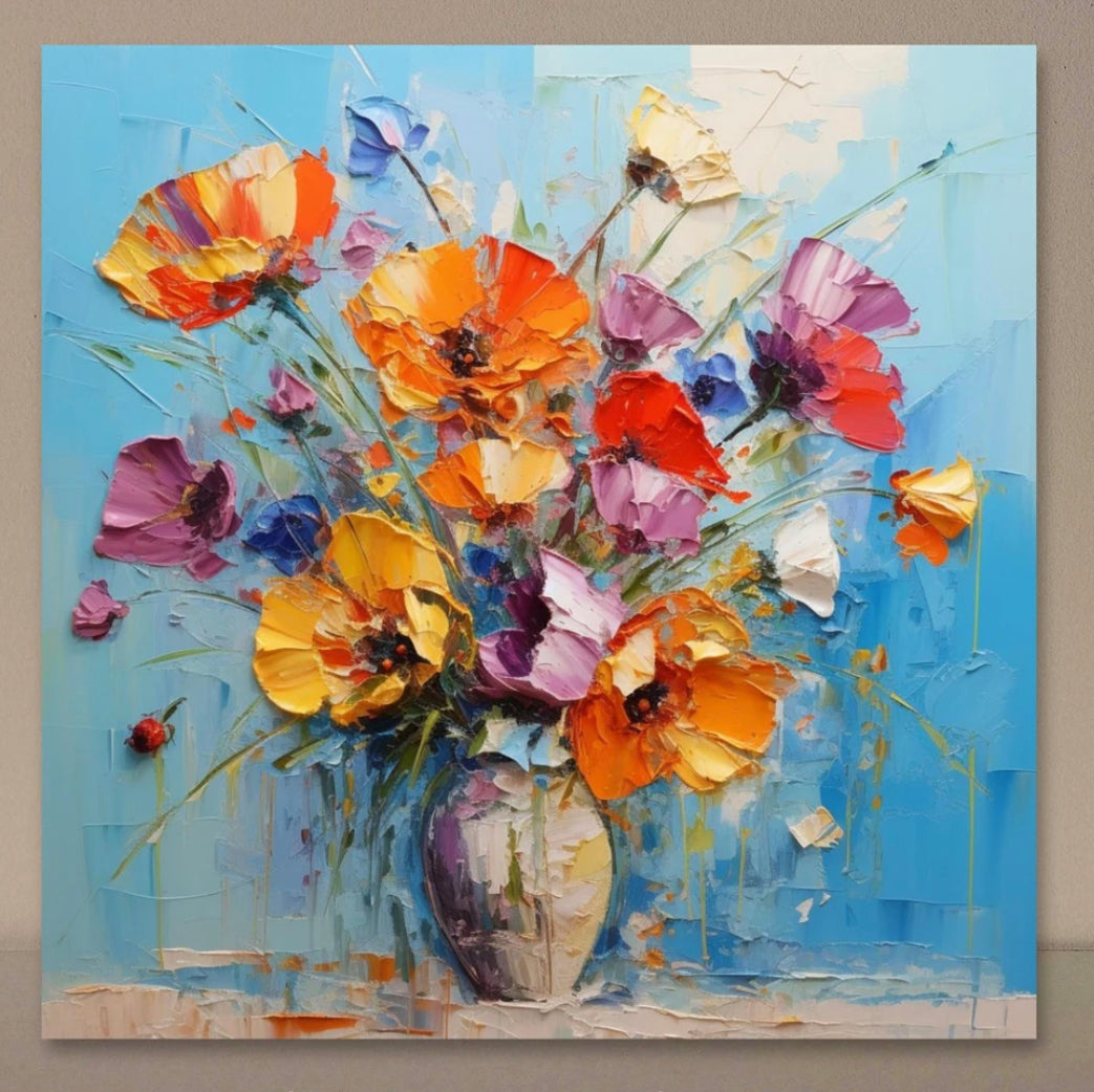 无框油画40*40cm,红蝴蝶花，金色浪漫，粉色蔷薇，蓝色太阳花